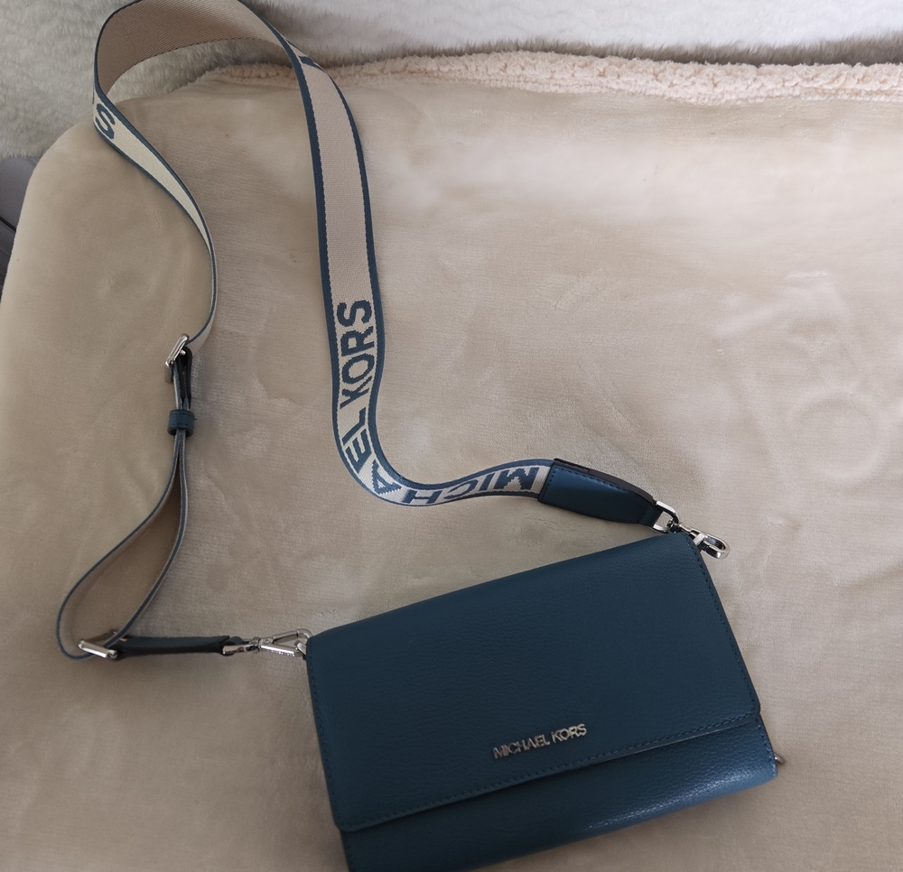 Michael Kors Blue Leather Crossbody with Branded Quitar  Strap
